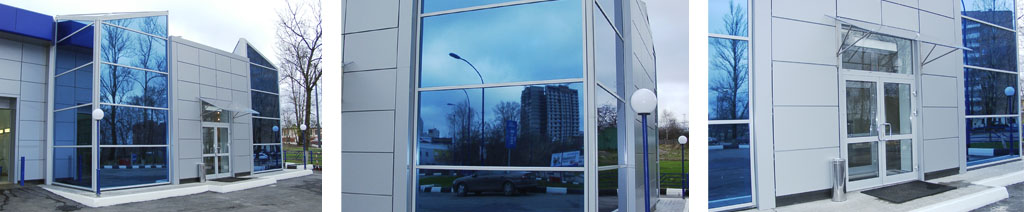 Остекление фасадов магазинов большими стеклопакетами Дрезна